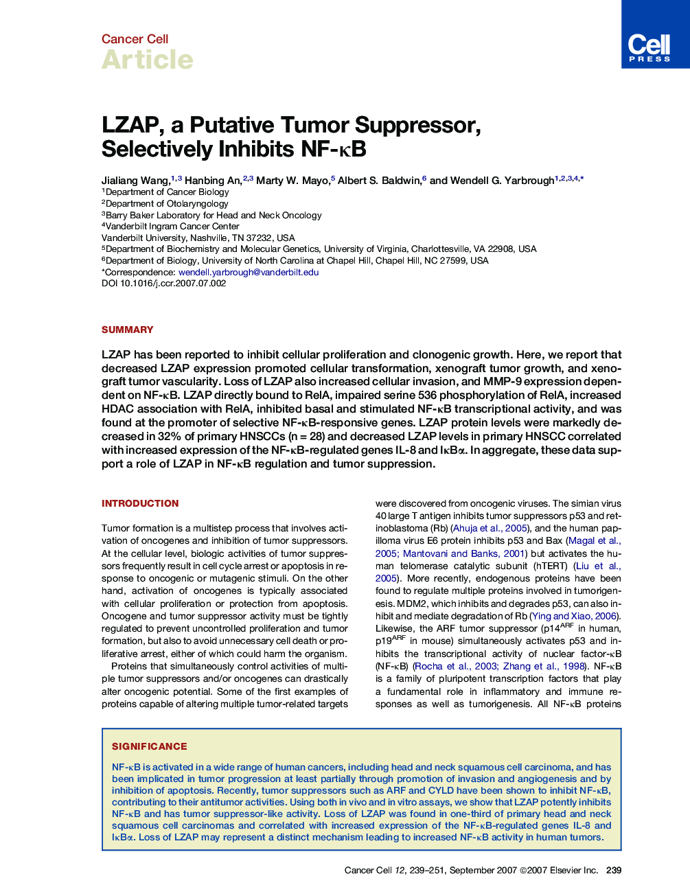 LZAP, a Putative Tumor Suppressor, Selectively Inhibits NF-κB