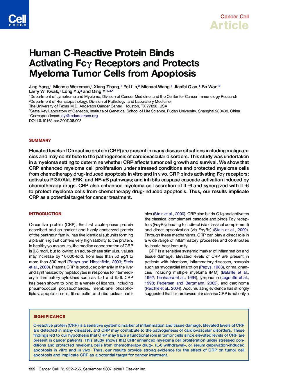 Human C-Reactive Protein Binds Activating Fcγ Receptors and Protects Myeloma Tumor Cells from Apoptosis