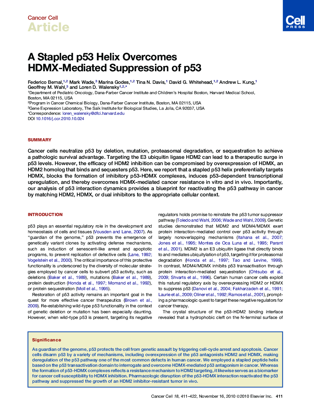 عکس صفحه اول مقاله: A Stapled p53 Helix Overcomes HDMX-Mediated Suppression of p53 A Stapled p53 Helix Overcomes HDMX-Mediated Suppression of p53