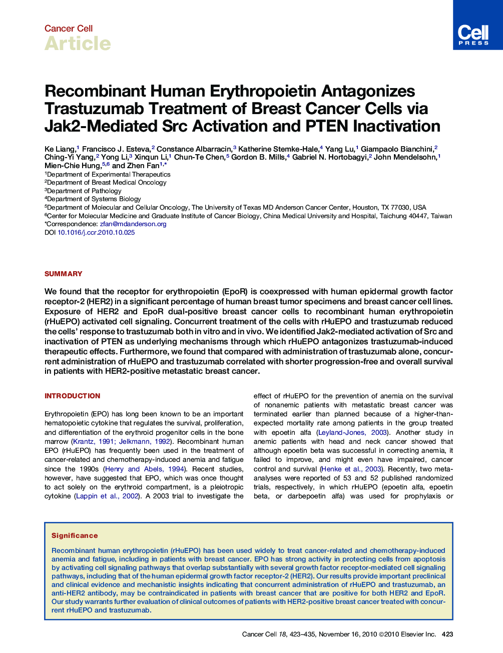 عکس صفحه اول مقاله: Recombinant Human Erythropoietin Antagonizes Trastuzumab Treatment of Breast Cancer Cells via Jak2-Mediated Src Activation and PTEN Inactivation Recombinant Human Erythropoietin Antagonizes Trastuzumab Treatment of Breast Cancer Cells via Jak2-Mediated Src Activation and PTEN Inactivation