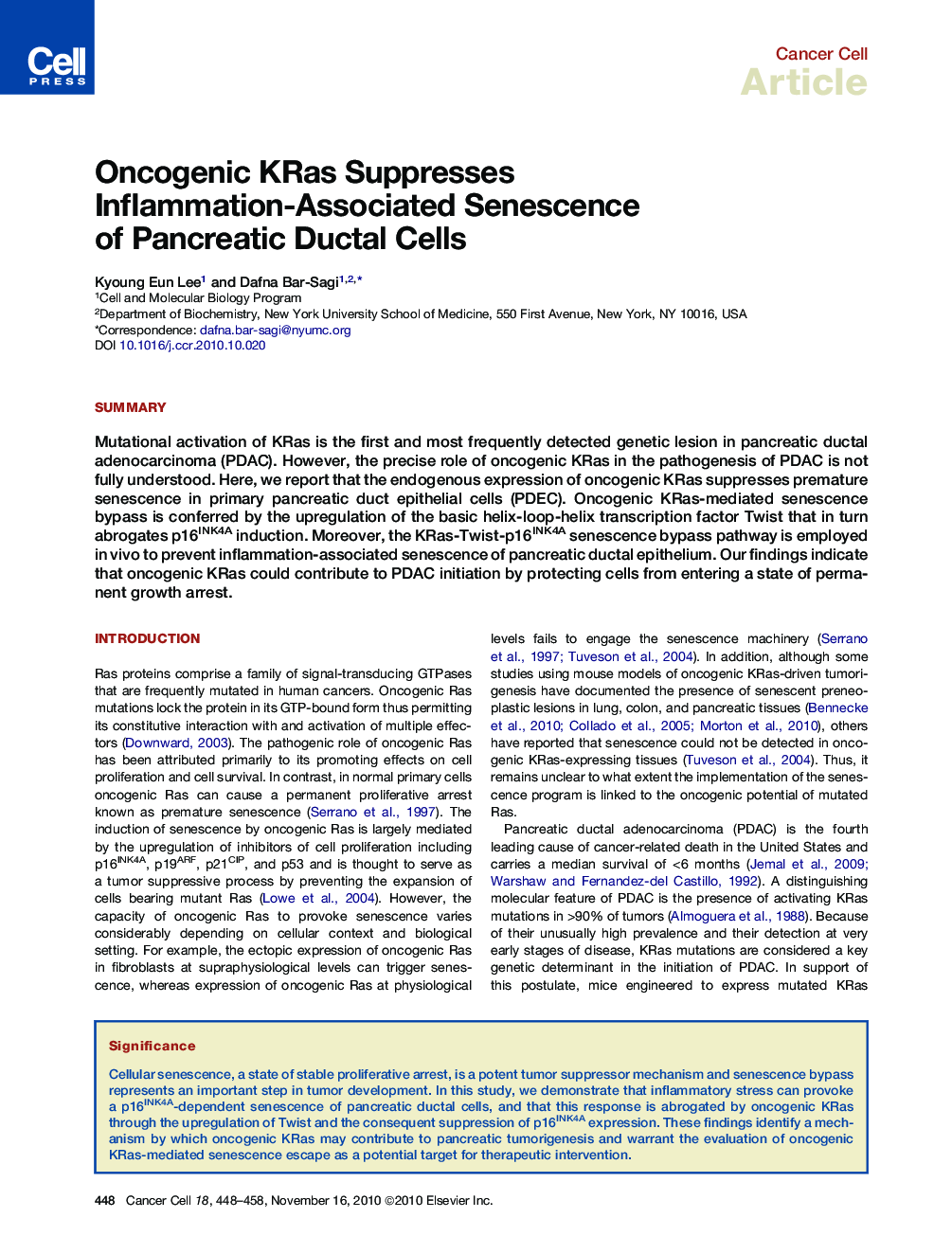 عکس صفحه اول مقاله: Oncogenic KRas Suppresses Inflammation-Associated Senescence of Pancreatic Ductal Cells Oncogenic KRas Suppresses Inflammation-Associated Senescence of Pancreatic Ductal Cells