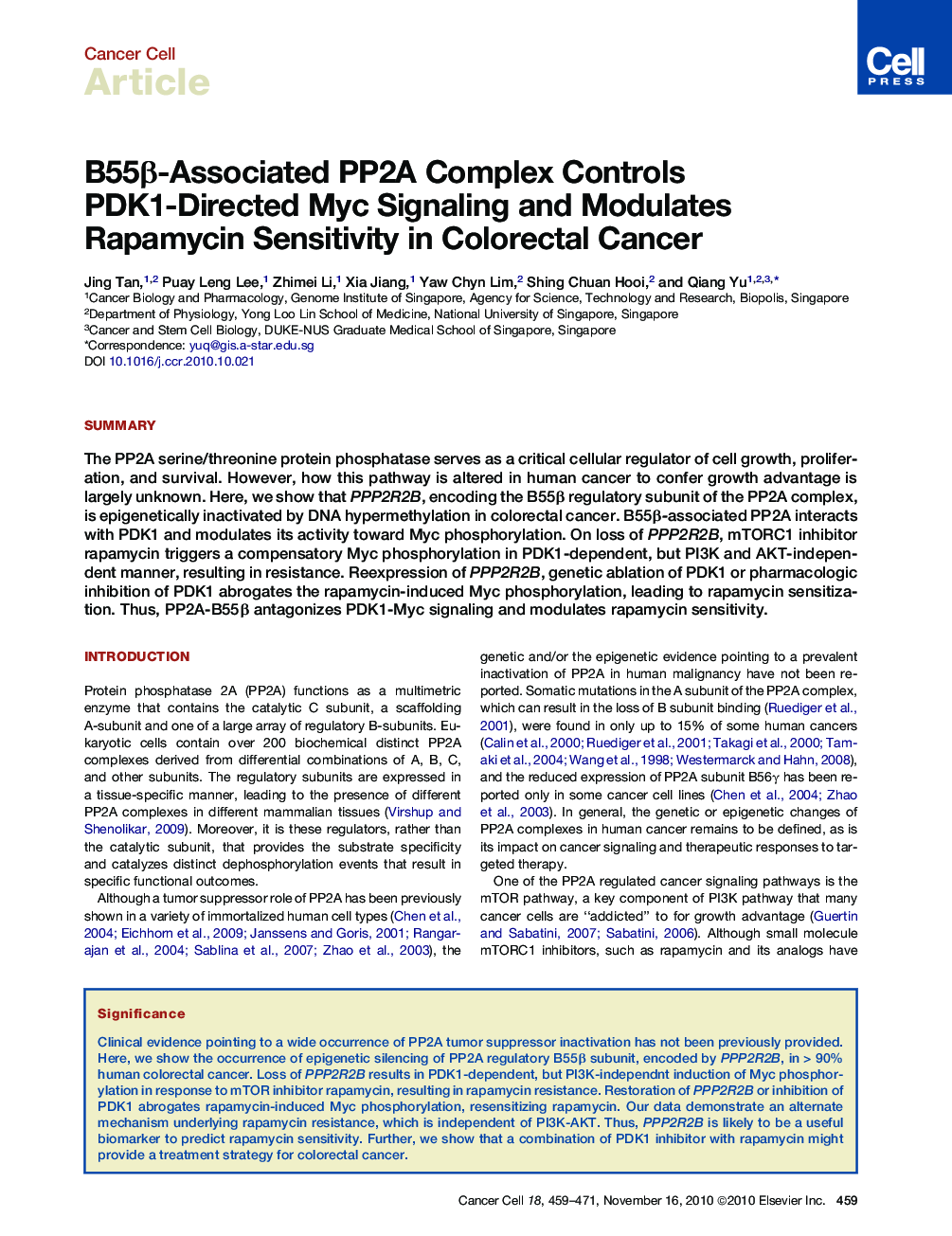 عکس صفحه اول مقاله: B55β-Associated PP2A Complex Controls PDK1-Directed Myc Signaling and Modulates Rapamycin Sensitivity in Colorectal Cancer B55β-Associated PP2A Complex Controls PDK1-Directed Myc Signaling and Modulates Rapamycin Sensitivity in Colorectal Cancer