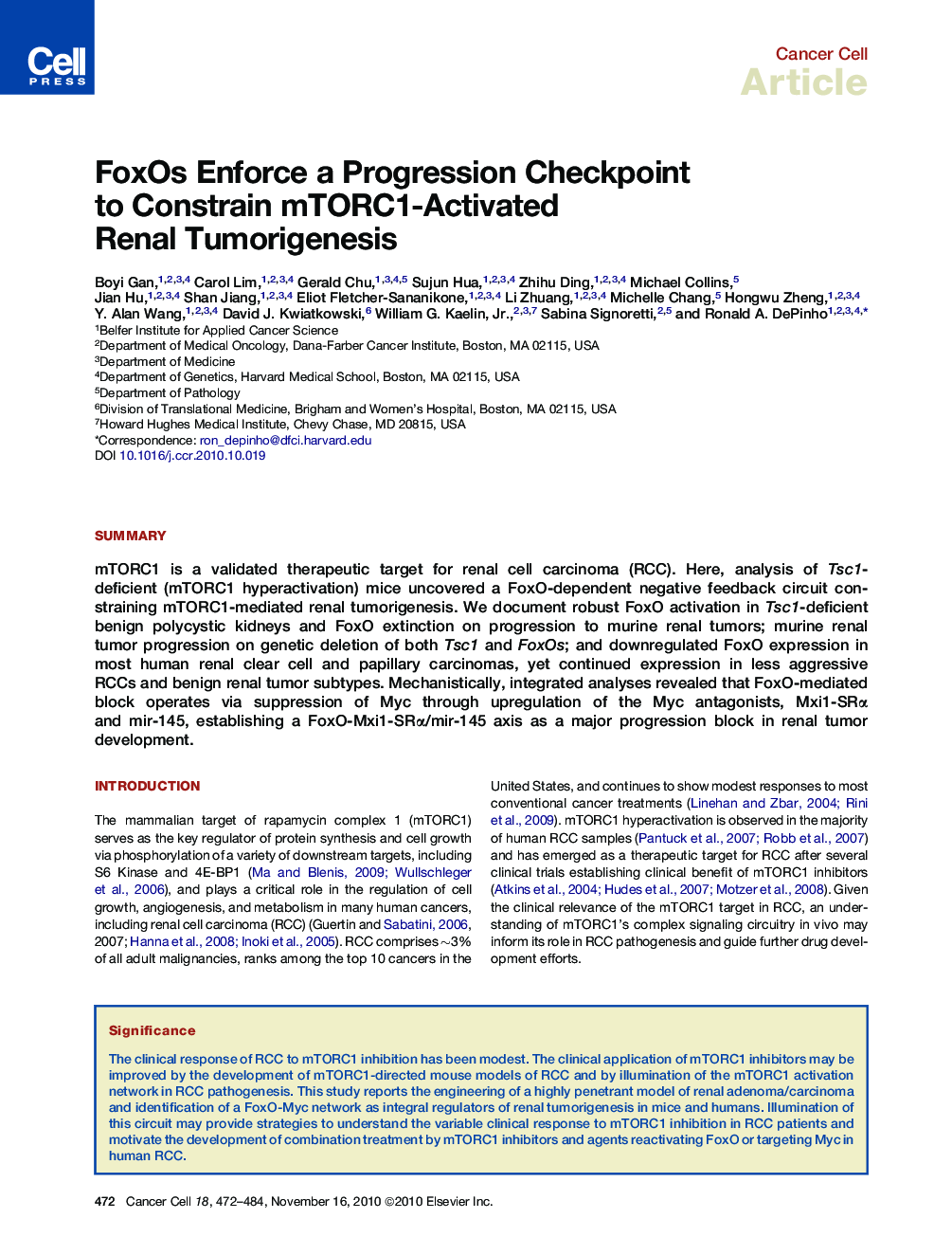 عکس صفحه اول مقاله: FoxOs Enforce a Progression Checkpoint to Constrain mTORC1-Activated Renal Tumorigenesis FoxOs Enforce a Progression Checkpoint to Constrain mTORC1-Activated Renal Tumorigenesis