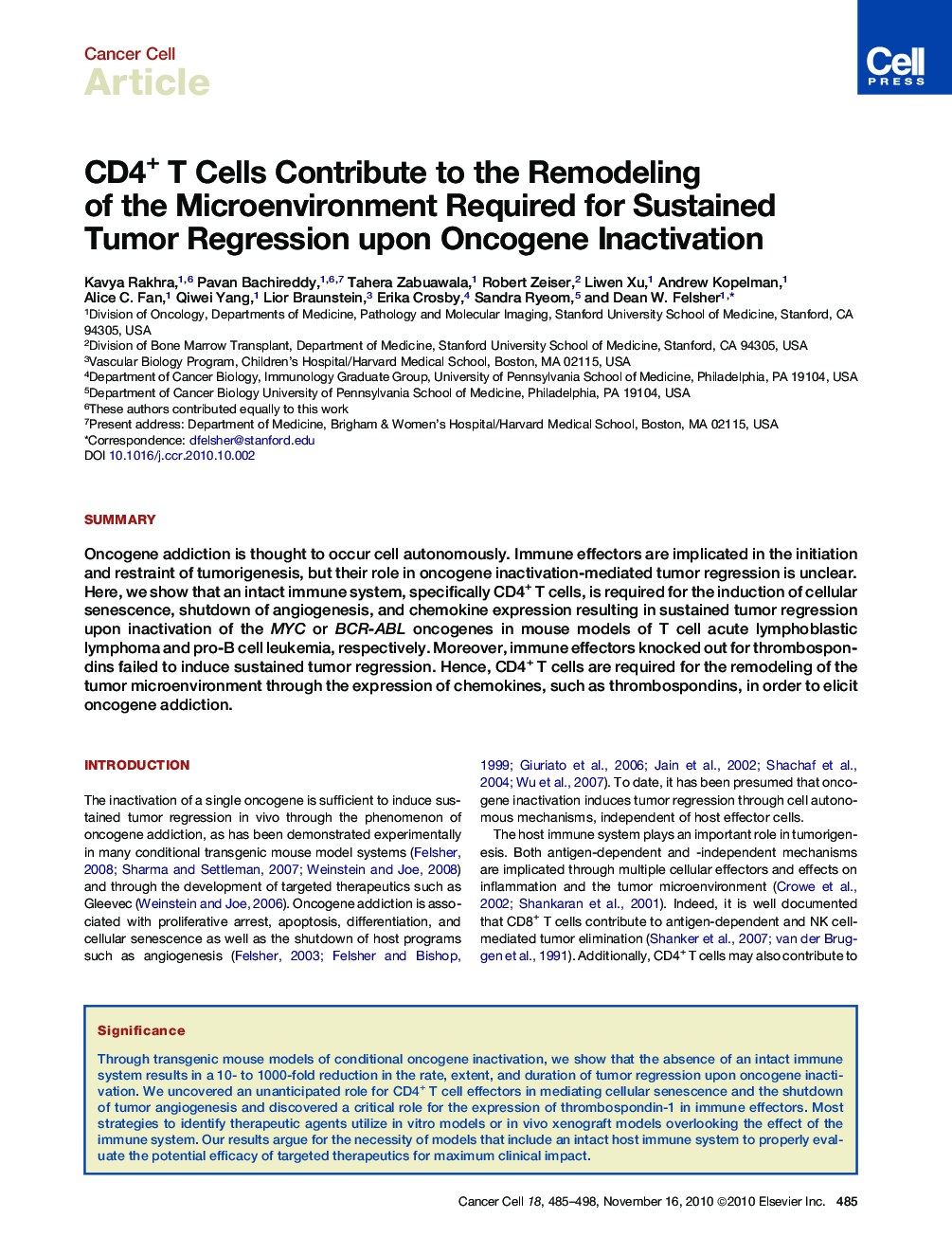 عکس صفحه اول مقاله: CD4+ T Cells Contribute to the Remodeling of the Microenvironment Required for Sustained Tumor Regression upon Oncogene Inactivation CD4+ T Cells Contribute to the Remodeling of the Microenvironment Required for Sustained Tumor Regression upon Oncogene Inactivation