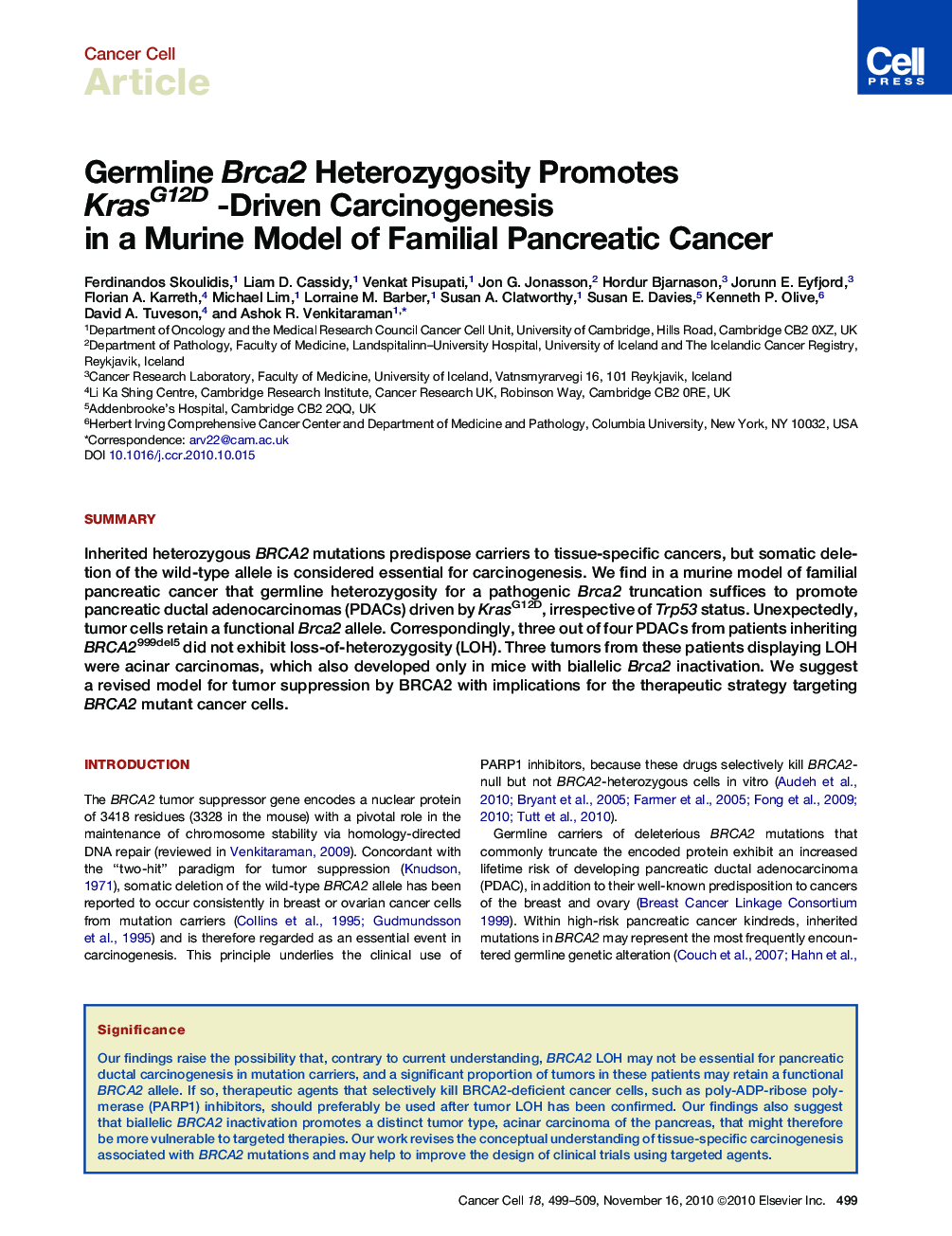 عکس صفحه اول مقاله: Germline Brca2 Heterozygosity Promotes KrasG12D -Driven Carcinogenesis in a Murine Model of Familial Pancreatic Cancer Germline Brca2 Heterozygosity Promotes KrasG12D -Driven Carcinogenesis in a Murine Model of Familial Pancreatic Cancer