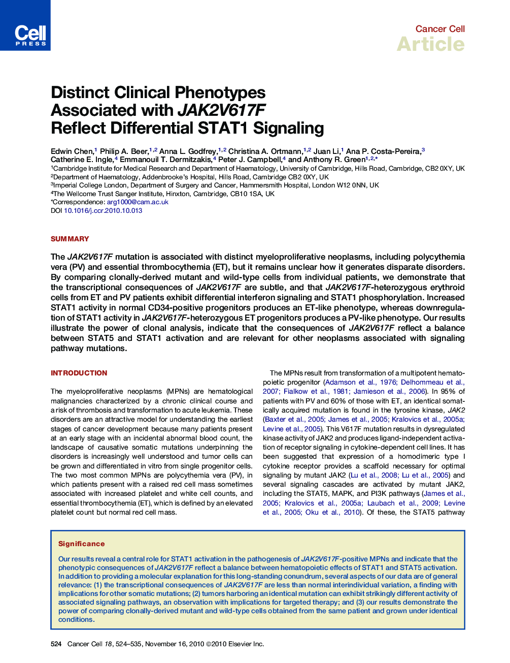 عکس صفحه اول مقاله: Distinct Clinical Phenotypes Associated with JAK2V617F Reflect Differential STAT1 Signaling Distinct Clinical Phenotypes Associated with JAK2V617F Reflect Differential STAT1 Signaling