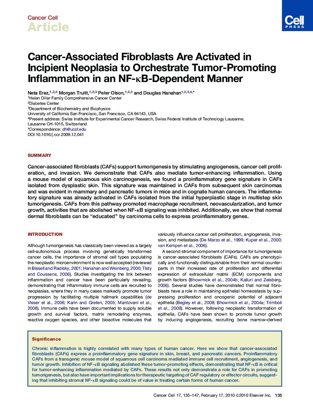 Cancer-Associated Fibroblasts Are Activated in Incipient Neoplasia to Orchestrate Tumor-Promoting Inflammation in an NF-κB-Dependent Manner