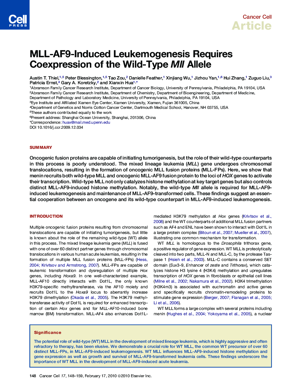 MLL-AF9-Induced Leukemogenesis Requires Coexpression of the Wild-Type Mll Allele