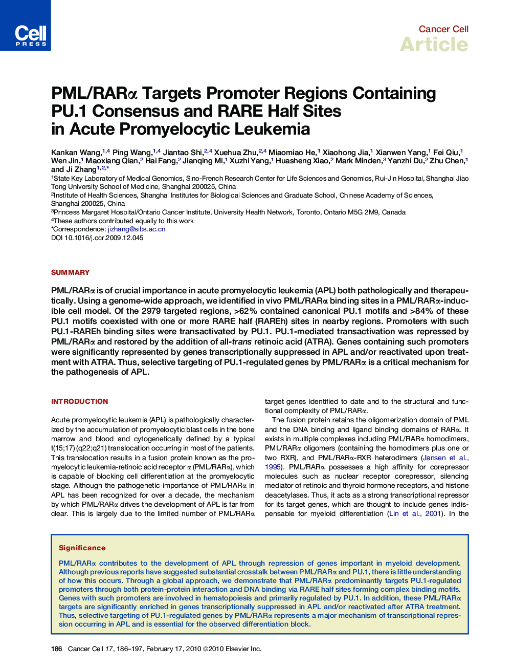 PML/RARα Targets Promoter Regions Containing PU.1 Consensus and RARE Half Sites in Acute Promyelocytic Leukemia