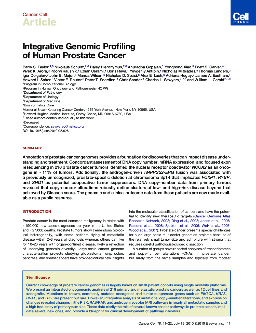 Integrative Genomic Profiling of Human Prostate Cancer