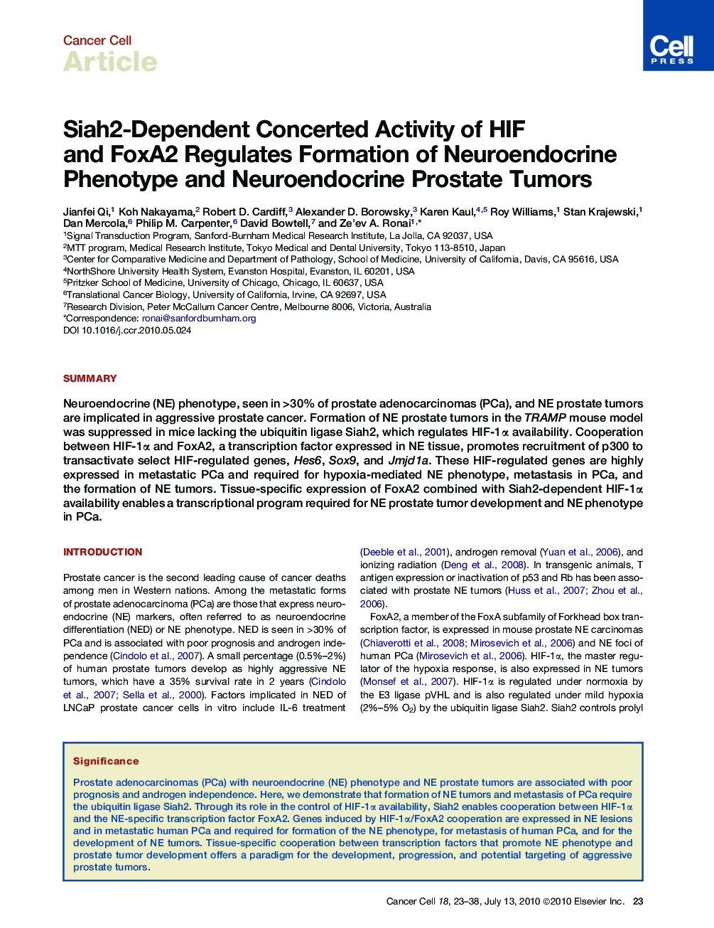 Siah2-Dependent Concerted Activity of HIF and FoxA2 Regulates Formation of Neuroendocrine Phenotype and Neuroendocrine Prostate Tumors