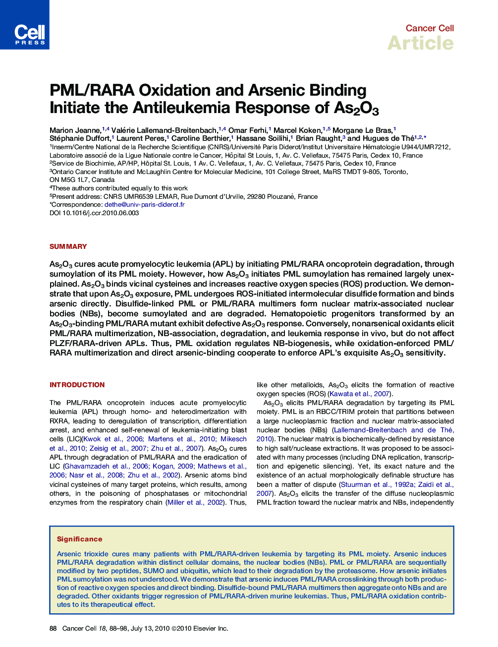 PML/RARA Oxidation and Arsenic Binding Initiate the Antileukemia Response of As2O3