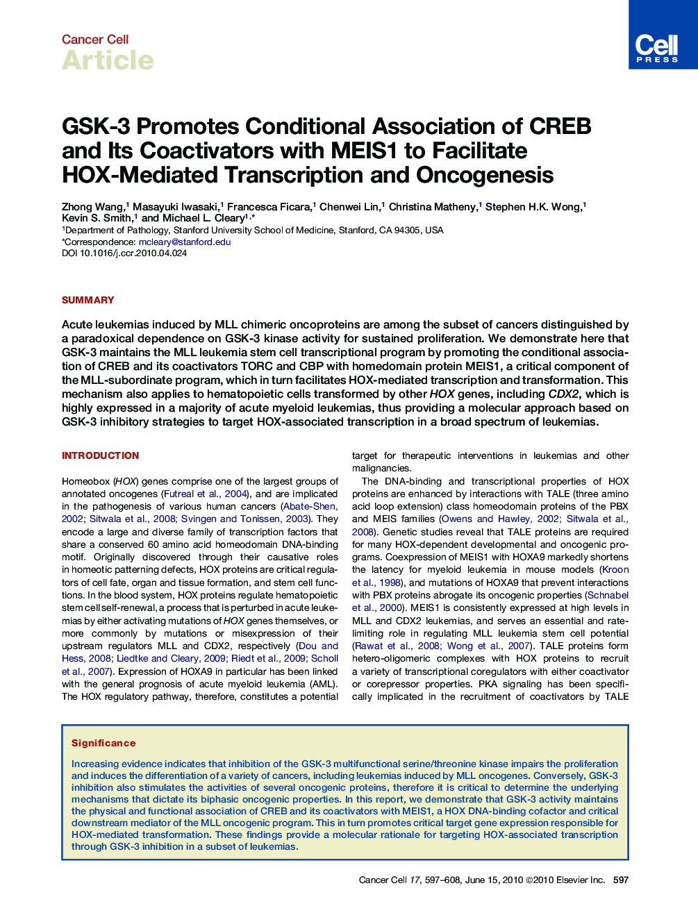 GSK-3 Promotes Conditional Association of CREB and Its Coactivators with MEIS1 to Facilitate HOX-Mediated Transcription and Oncogenesis