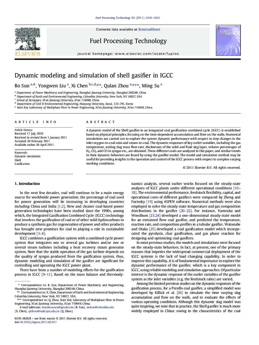 Dynamic modeling and simulation of shell gasifier in IGCC