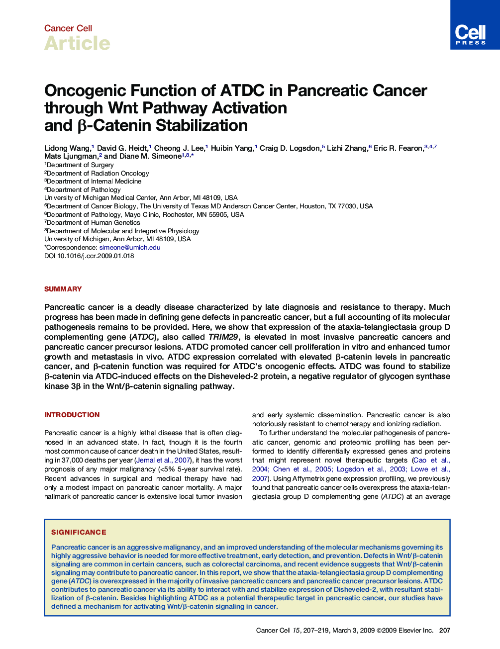 Oncogenic Function of ATDC in Pancreatic Cancer through Wnt Pathway Activation and β-Catenin Stabilization