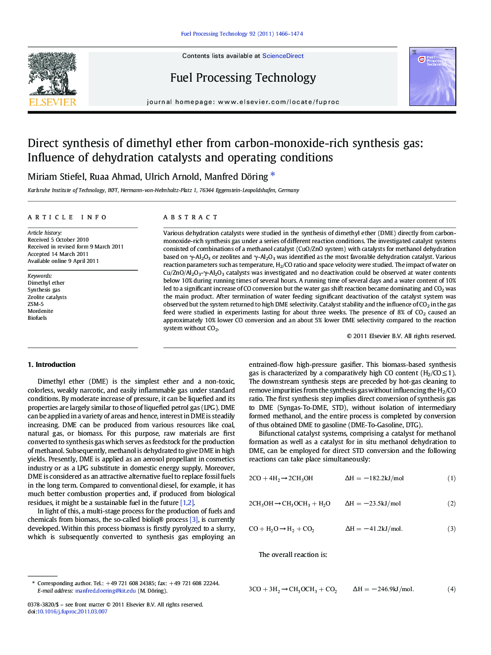 Direct synthesis of dimethyl ether from carbon-monoxide-rich synthesis gas: Influence of dehydration catalysts and operating conditions