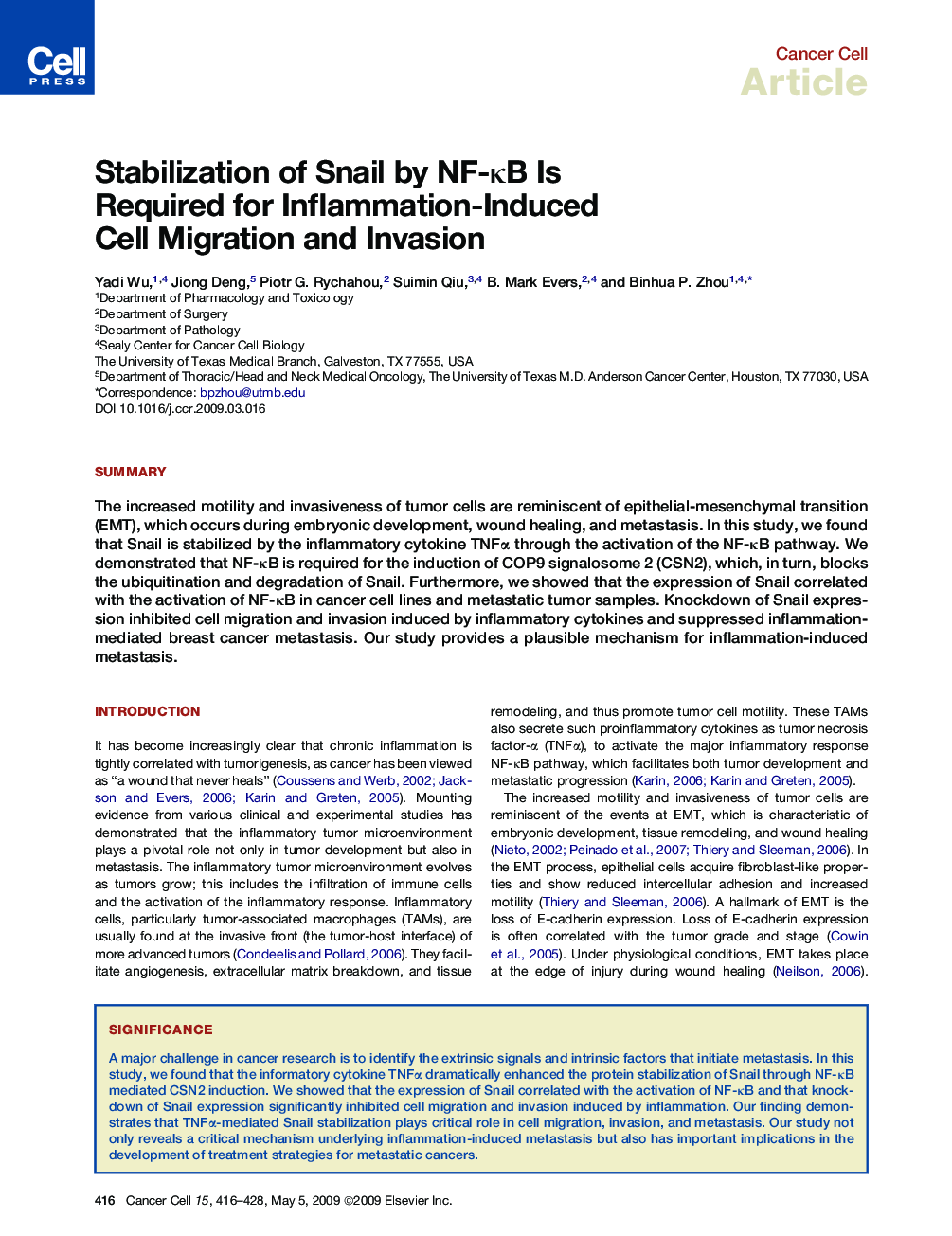 Stabilization of Snail by NF-κB Is Required for Inflammation-Induced Cell Migration and Invasion