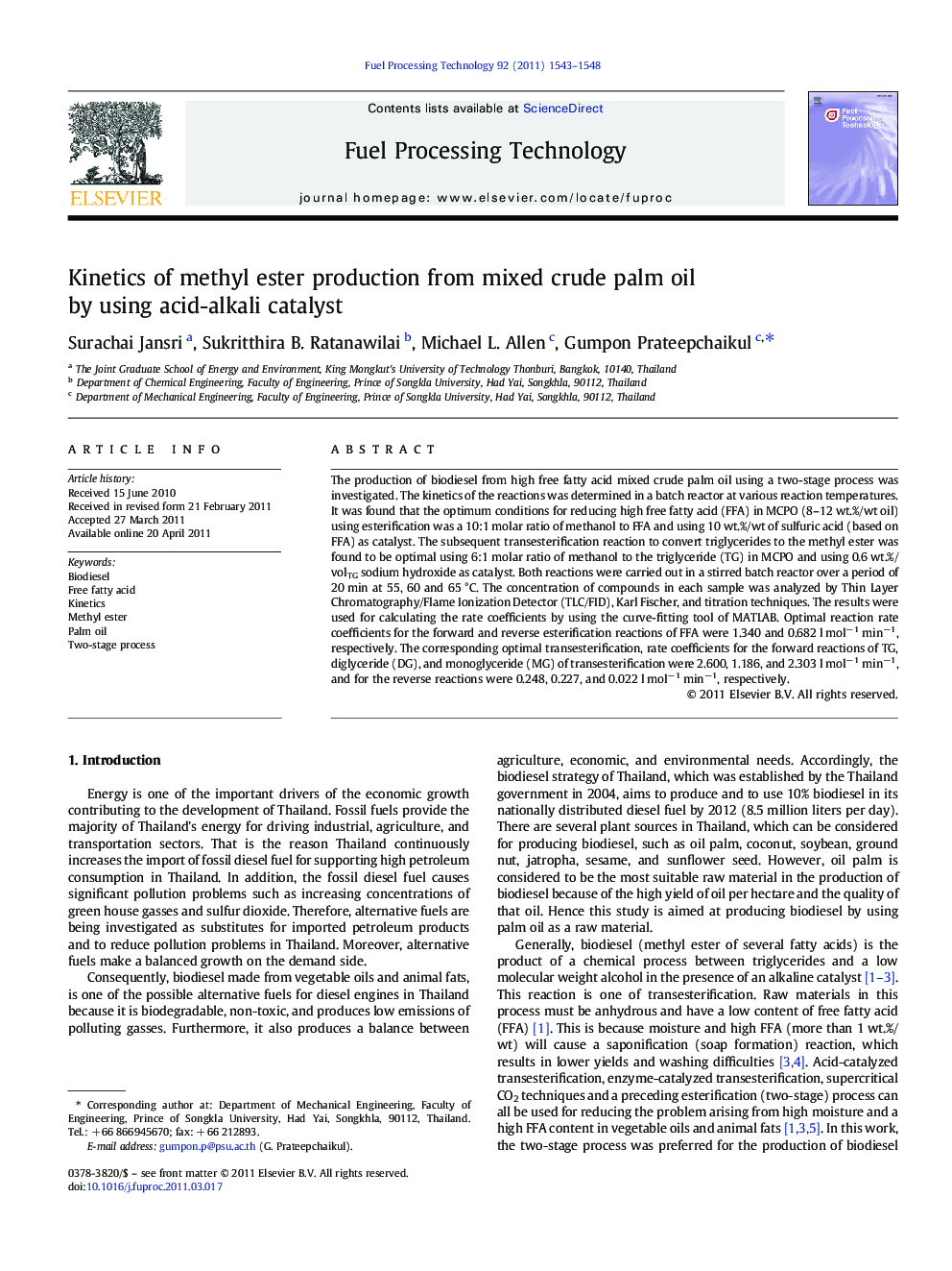 Kinetics of methyl ester production from mixed crude palm oil by using acid-alkali catalyst