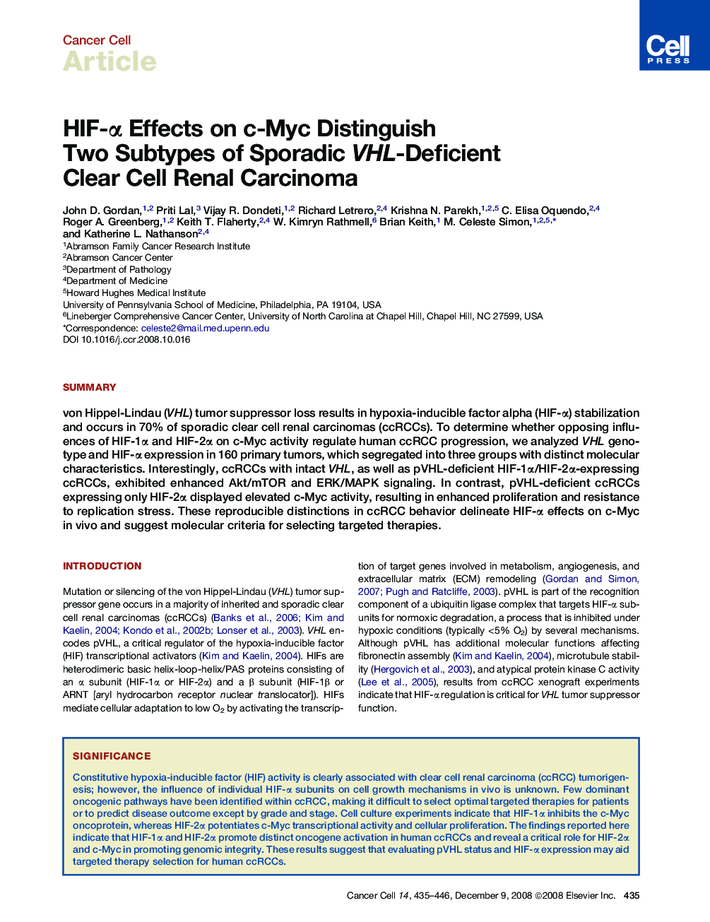 HIF-α Effects on c-Myc Distinguish Two Subtypes of Sporadic VHL-Deficient Clear Cell Renal Carcinoma