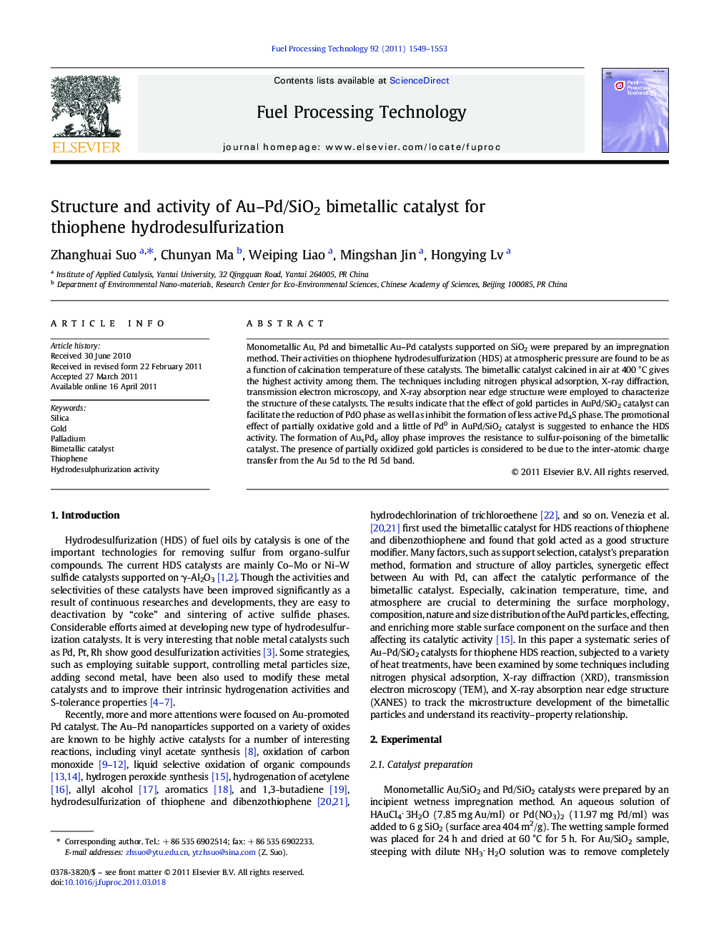 Structure and activity of Au–Pd/SiO2 bimetallic catalyst for thiophene hydrodesulfurization