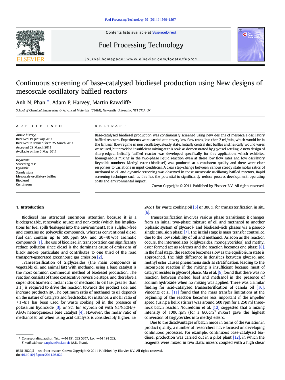 Continuous screening of base-catalysed biodiesel production using New designs of mesoscale oscillatory baffled reactors