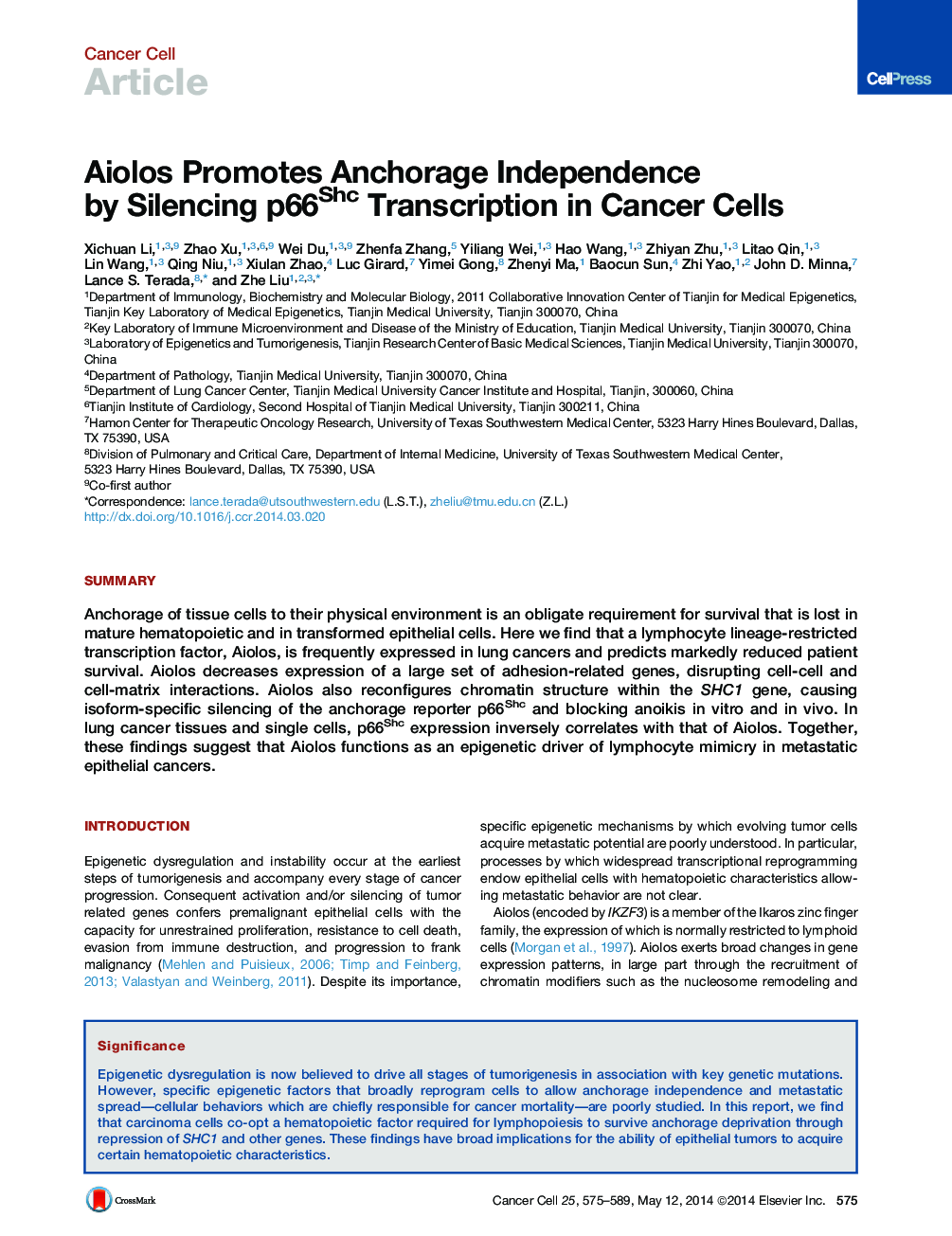 Aiolos Promotes Anchorage Independence by Silencing p66Shc Transcription in Cancer Cells