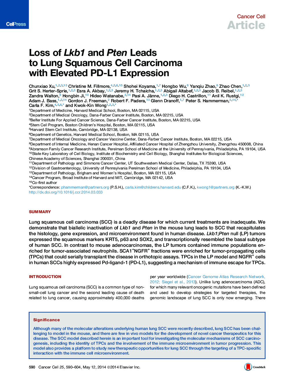 عکس صفحه اول مقاله: Loss of Lkb1 and Pten Leads to Lung Squamous Cell Carcinoma with Elevated PD-L1 Expression Loss of Lkb1 and Pten Leads to Lung Squamous Cell Carcinoma with Elevated PD-L1 Expression