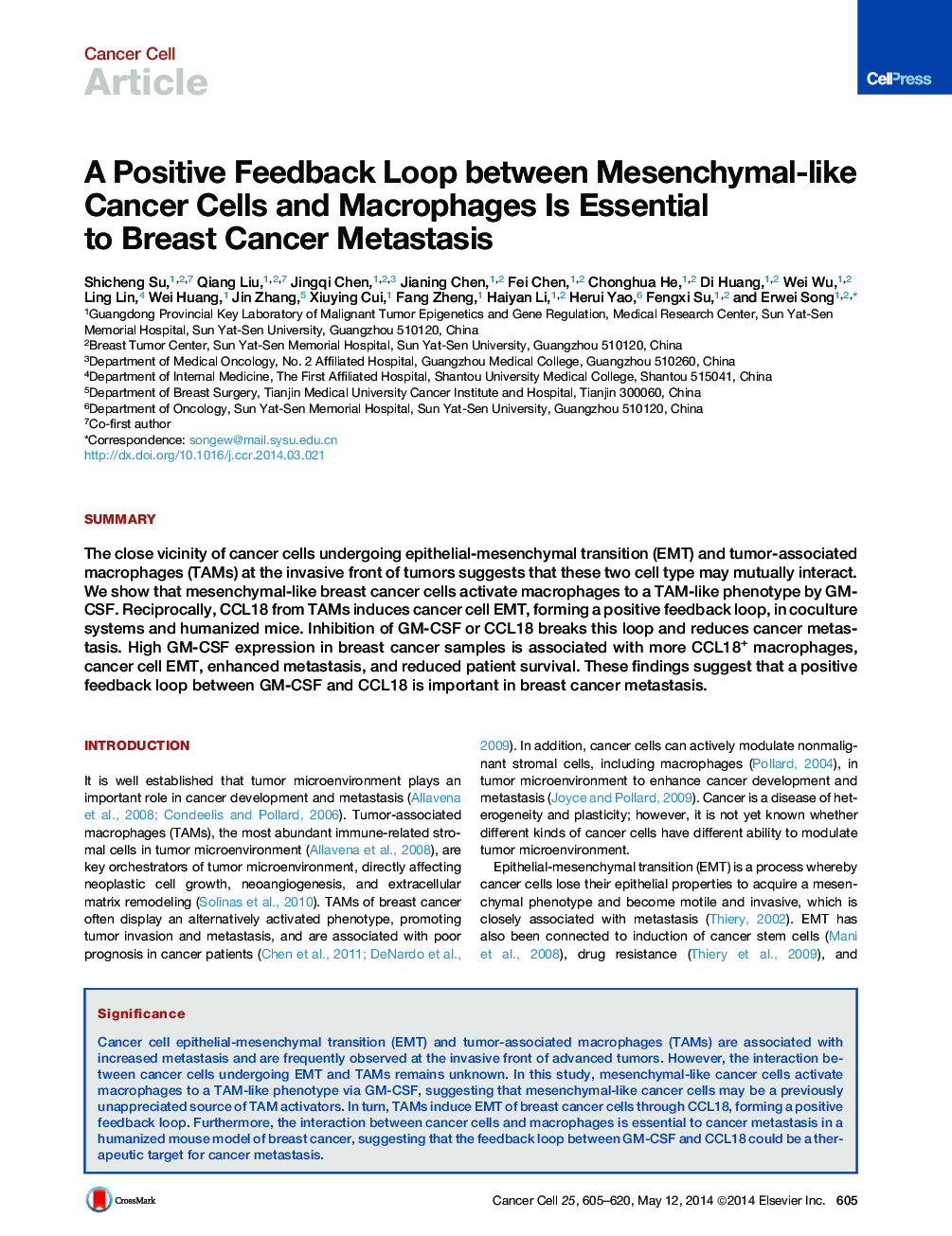عکس صفحه اول مقاله: A Positive Feedback Loop between Mesenchymal-like Cancer Cells and Macrophages Is Essential to Breast Cancer Metastasis A Positive Feedback Loop between Mesenchymal-like Cancer Cells and Macrophages Is Essential to Breast Cancer Metastasis