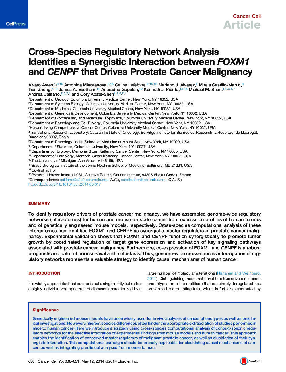 Cross-Species Regulatory Network Analysis Identifies a Synergistic Interaction between FOXM1 and CENPF that Drives Prostate Cancer Malignancy