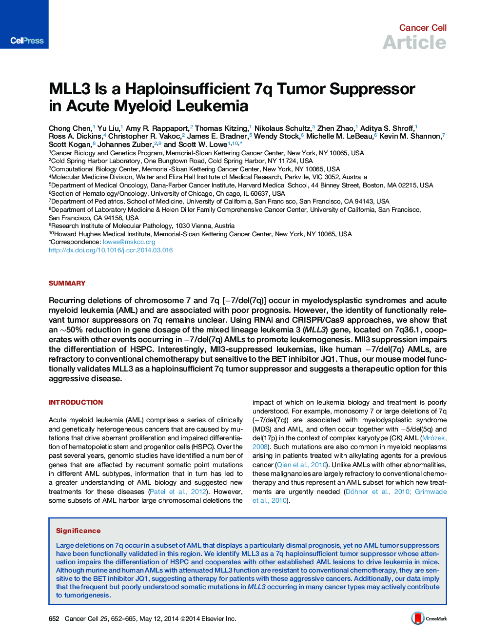 MLL3 Is a Haploinsufficient 7q Tumor Suppressor in Acute Myeloid Leukemia