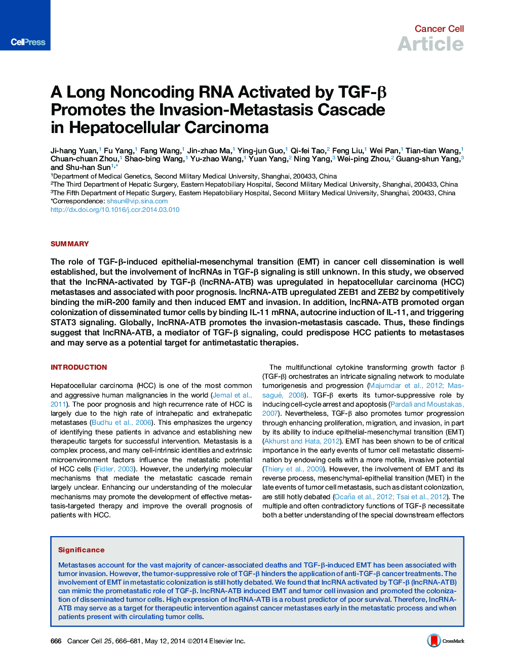 A Long Noncoding RNA Activated by TGF-β Promotes the Invasion-Metastasis Cascade in Hepatocellular Carcinoma