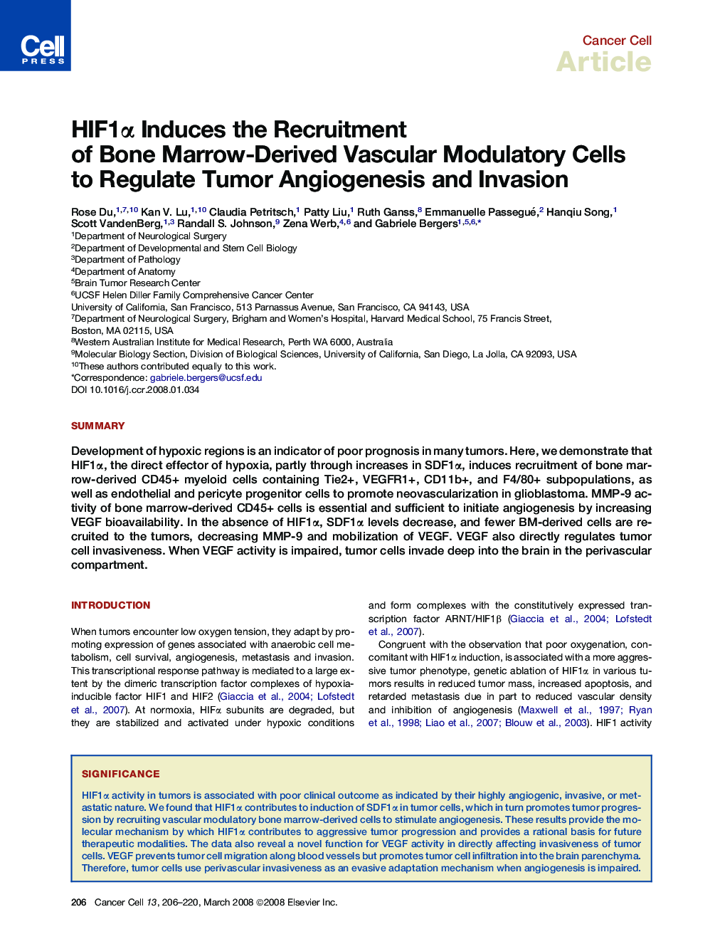 HIF1α Induces the Recruitment of Bone Marrow-Derived Vascular Modulatory Cells to Regulate Tumor Angiogenesis and Invasion