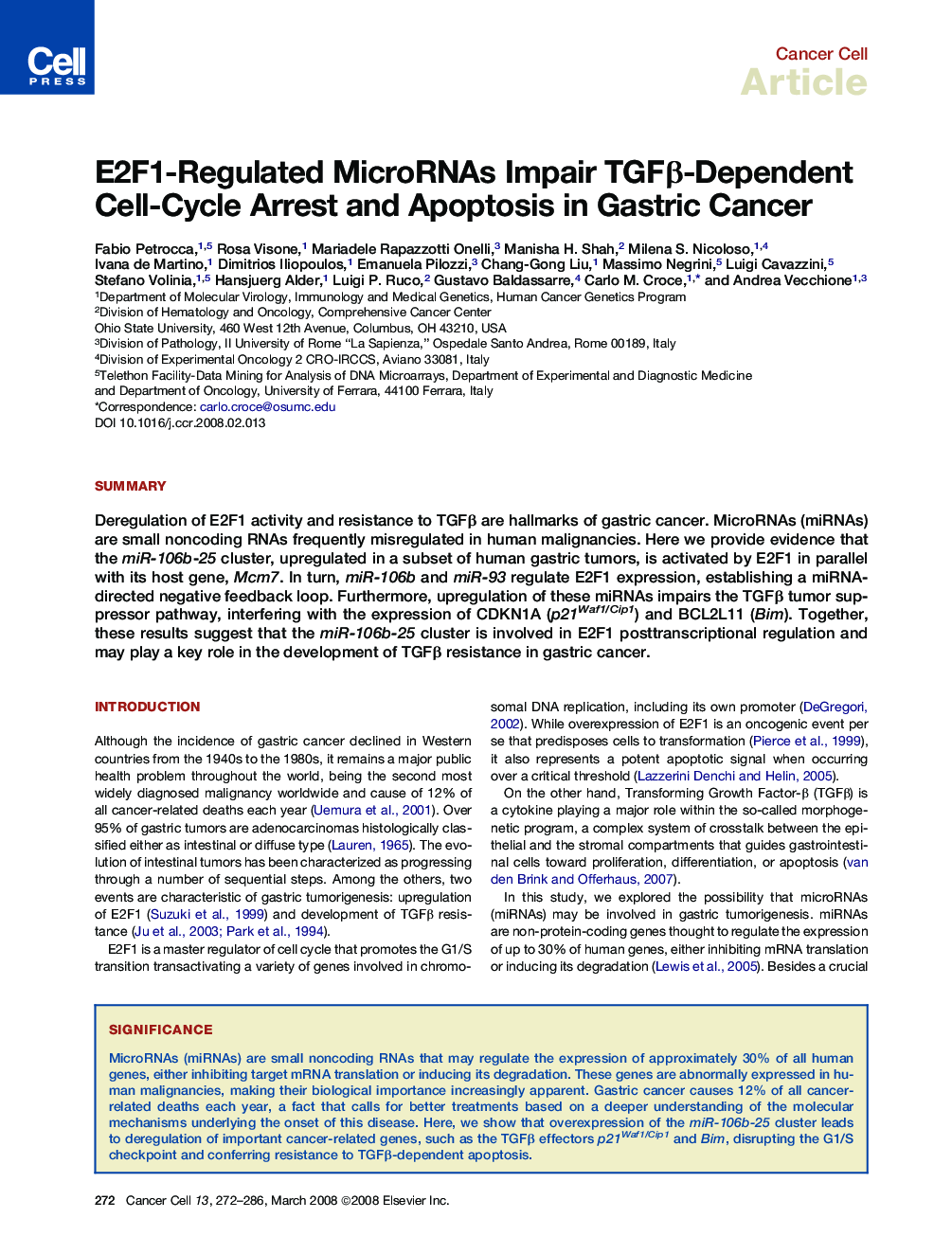 E2F1-Regulated MicroRNAs Impair TGFβ-Dependent Cell-Cycle Arrest and Apoptosis in Gastric Cancer