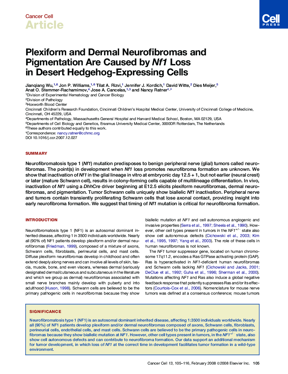 Plexiform and Dermal Neurofibromas and Pigmentation Are Caused by Nf1 Loss in Desert Hedgehog-Expressing Cells