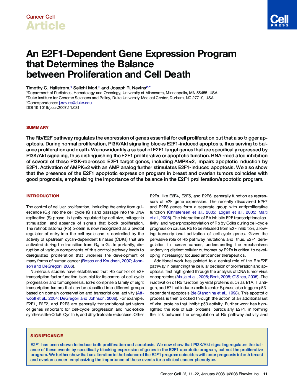عکس صفحه اول مقاله: An E2F1-Dependent Gene Expression Program that Determines the Balance between Proliferation and Cell Death An E2F1-Dependent Gene Expression Program that Determines the Balance between Proliferation and Cell Death
