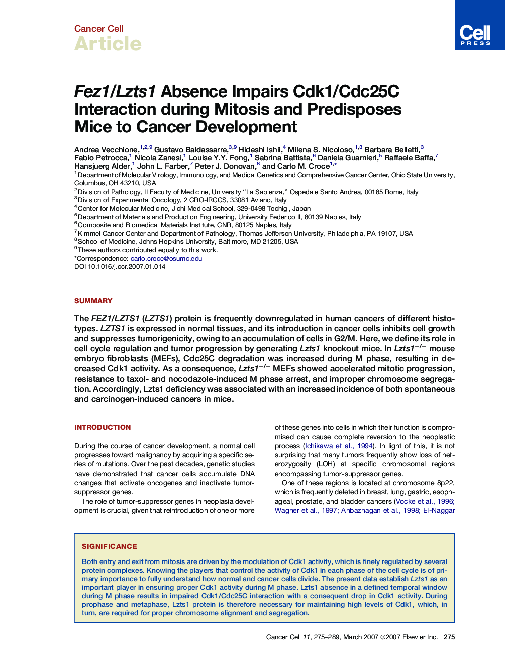 Fez1/Lzts1 Absence Impairs Cdk1/Cdc25C Interaction during Mitosis and Predisposes Mice to Cancer Development