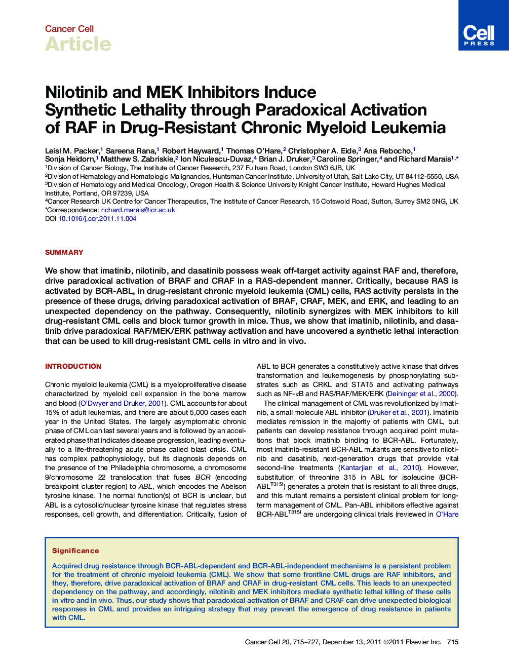 Nilotinib and MEK Inhibitors Induce Synthetic Lethality through Paradoxical Activation of RAF in Drug-Resistant Chronic Myeloid Leukemia