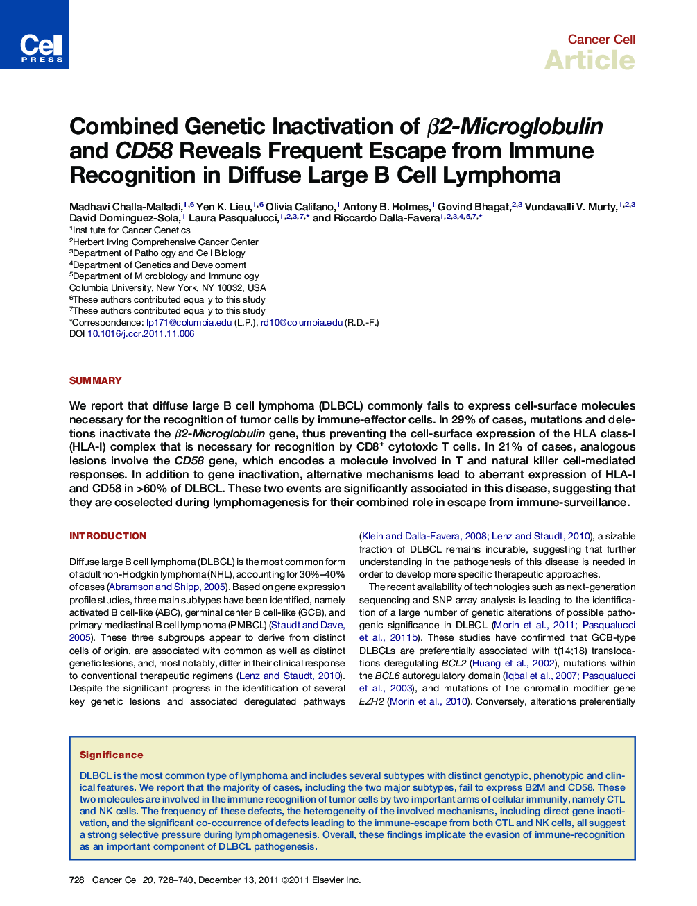 Combined Genetic Inactivation of β2-Microglobulin and CD58 Reveals Frequent Escape from Immune Recognition in Diffuse Large B Cell Lymphoma