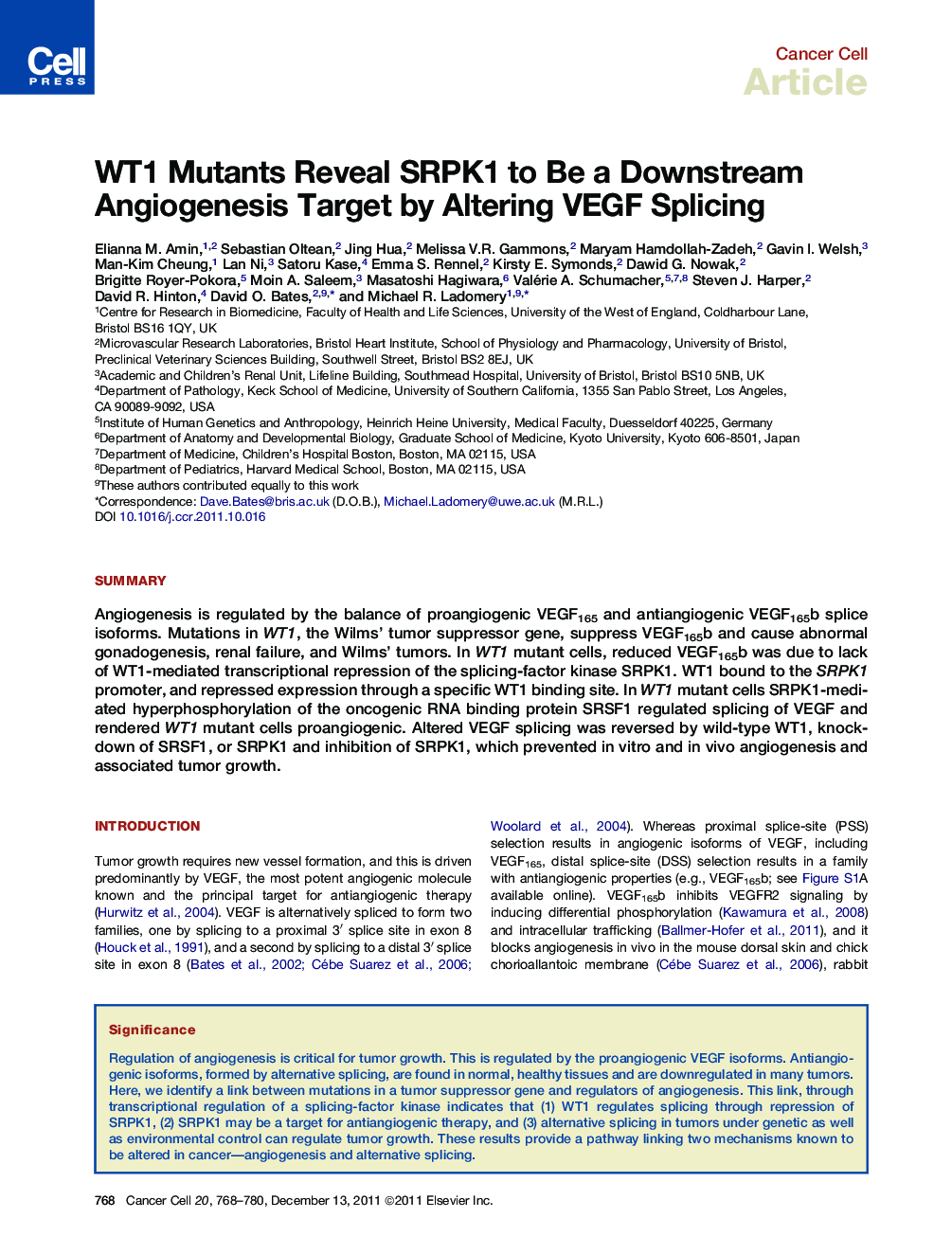 WT1 Mutants Reveal SRPK1 to Be a Downstream Angiogenesis Target by Altering VEGF Splicing