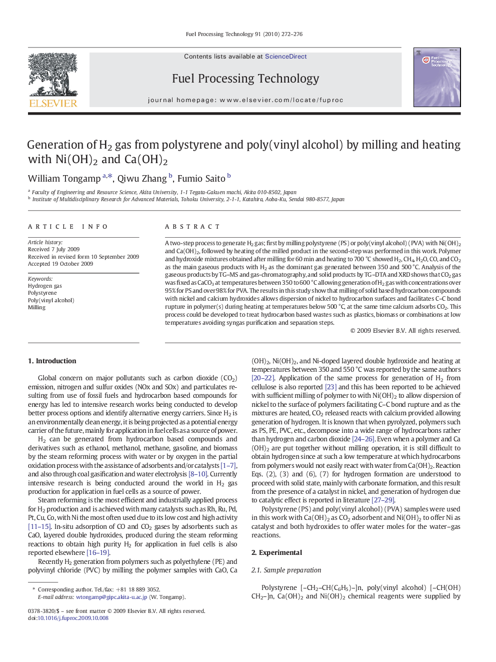 Generation of H2 gas from polystyrene and poly(vinyl alcohol) by milling and heating with Ni(OH)2 and Ca(OH)2