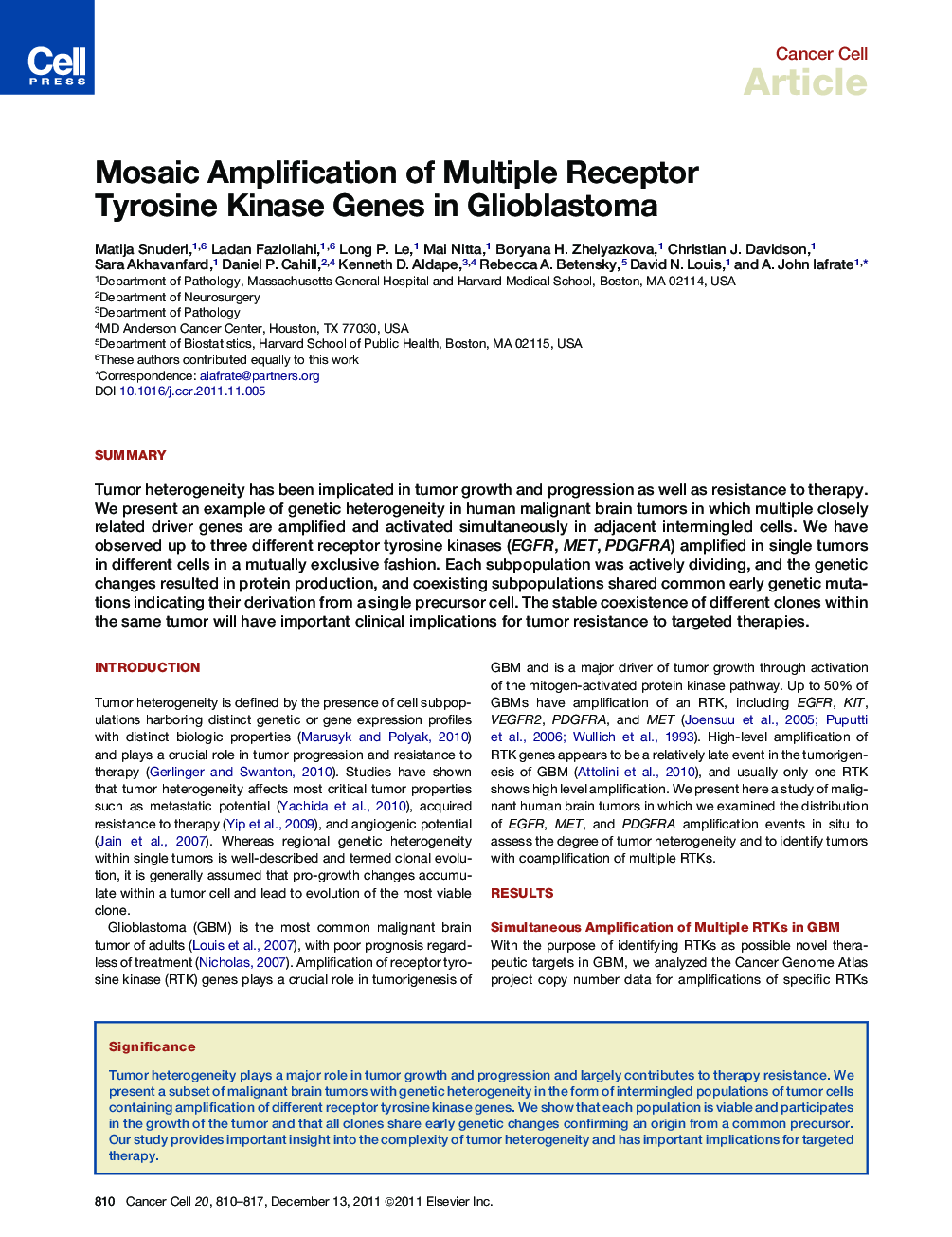 عکس صفحه اول مقاله: Mosaic Amplification of Multiple Receptor Tyrosine Kinase Genes in Glioblastoma Mosaic Amplification of Multiple Receptor Tyrosine Kinase Genes in Glioblastoma