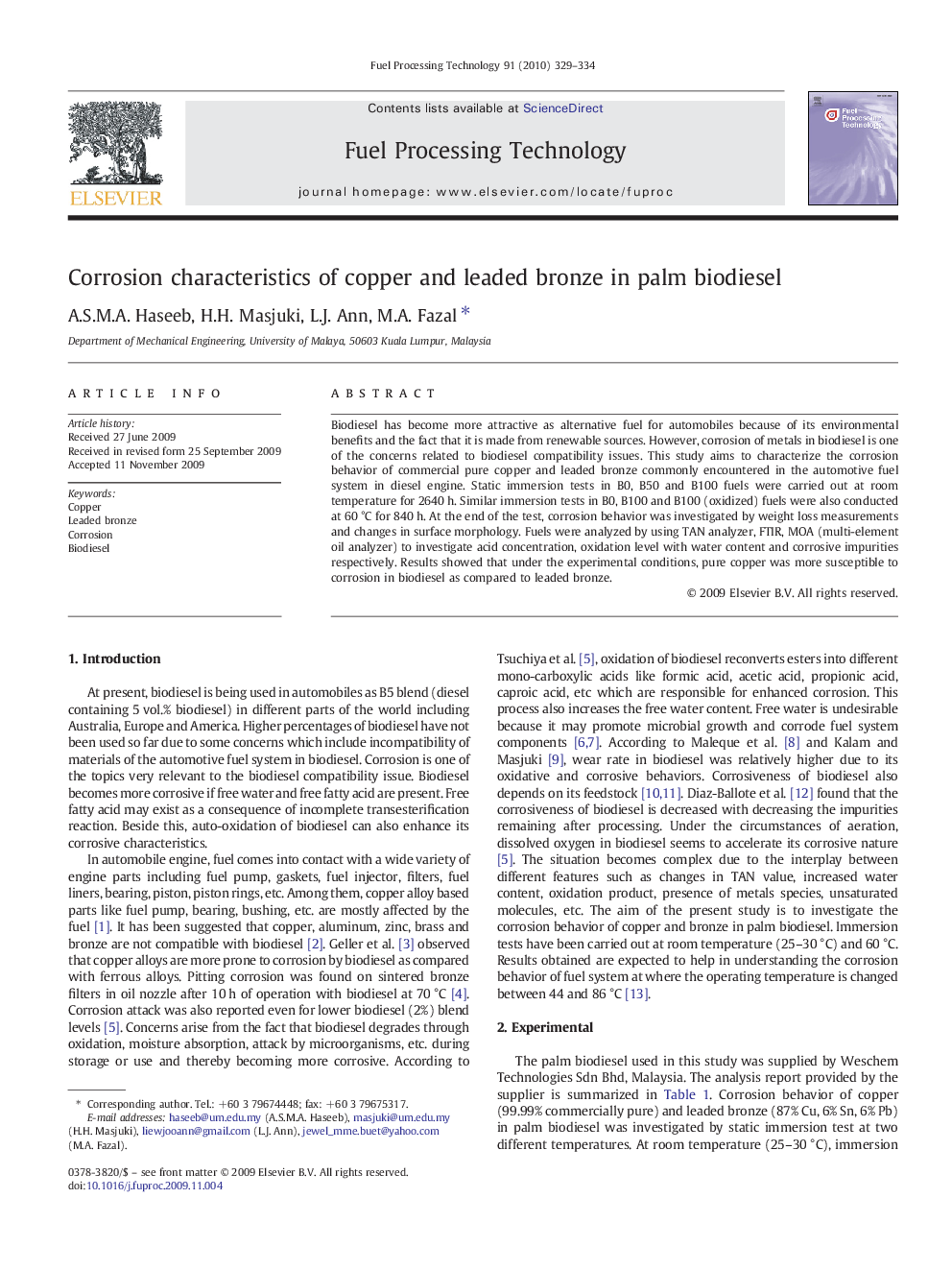 Corrosion characteristics of copper and leaded bronze in palm biodiesel