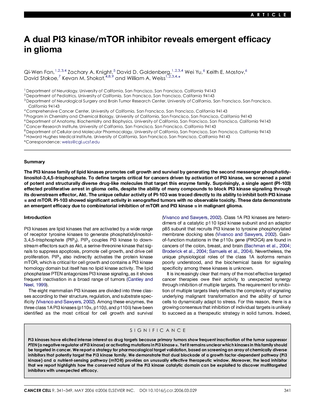 A dual PI3 kinase/mTOR inhibitor reveals emergent efficacy in glioma