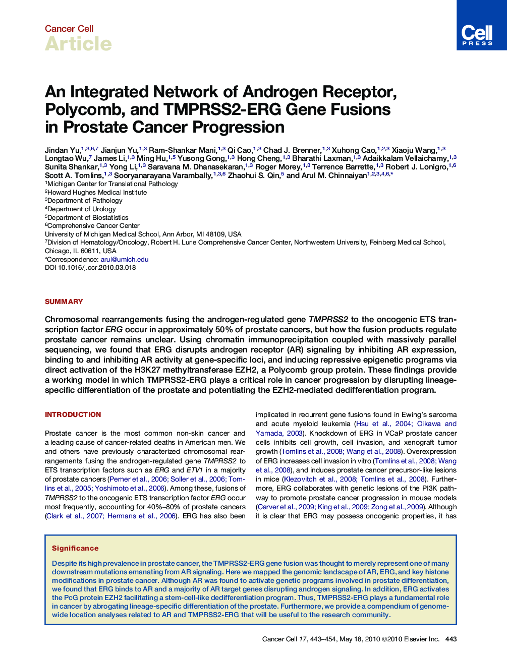 An Integrated Network of Androgen Receptor, Polycomb, and TMPRSS2-ERG Gene Fusions in Prostate Cancer Progression