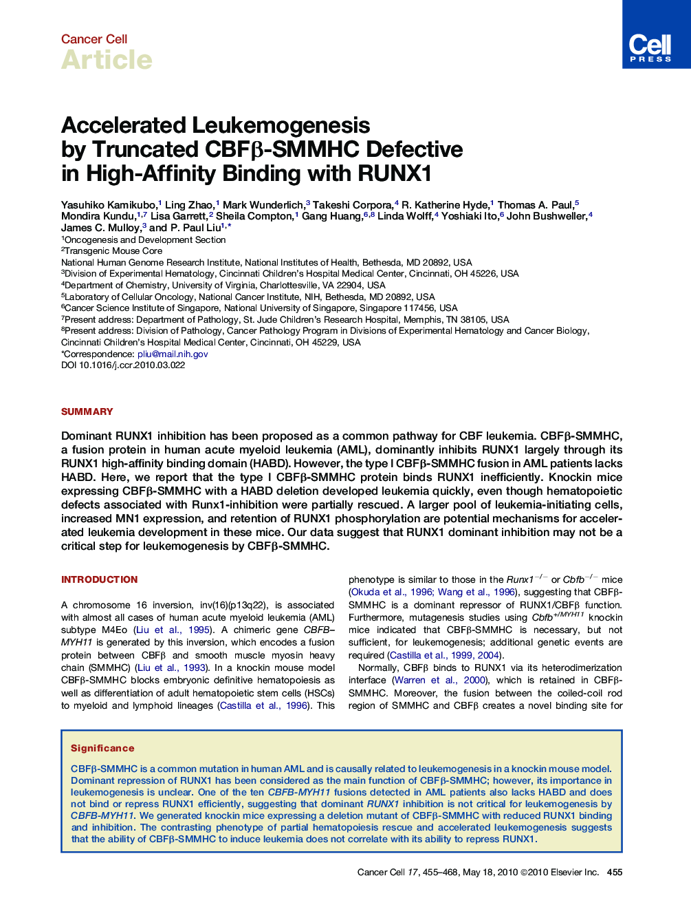 Accelerated Leukemogenesis by Truncated CBFβ-SMMHC Defective in High-Affinity Binding with RUNX1