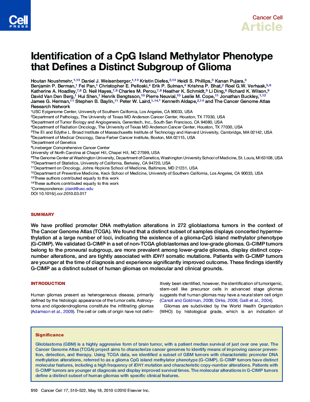 Identification of a CpG Island Methylator Phenotype that Defines a Distinct Subgroup of Glioma