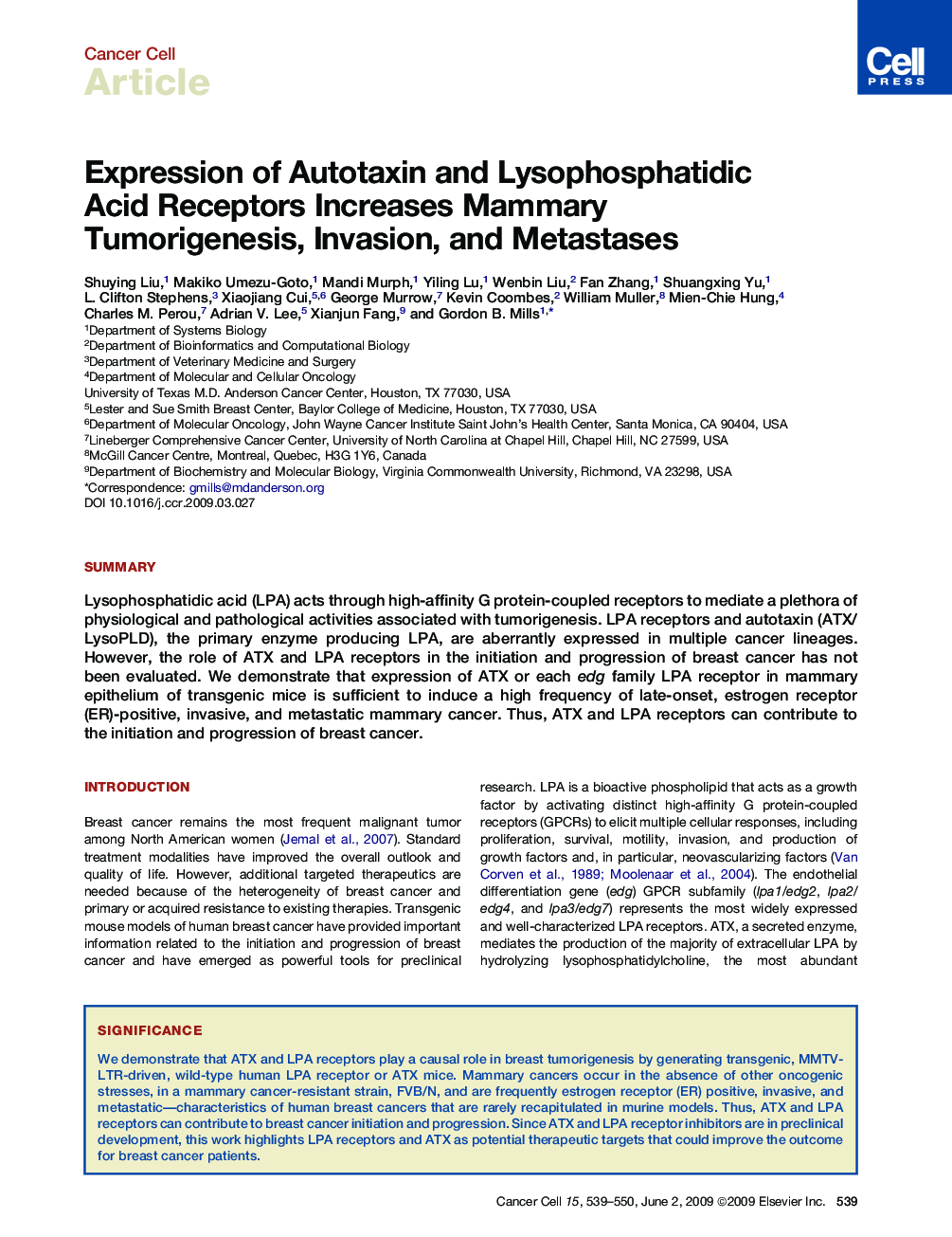 Expression of Autotaxin and Lysophosphatidic Acid Receptors Increases Mammary Tumorigenesis, Invasion, and Metastases