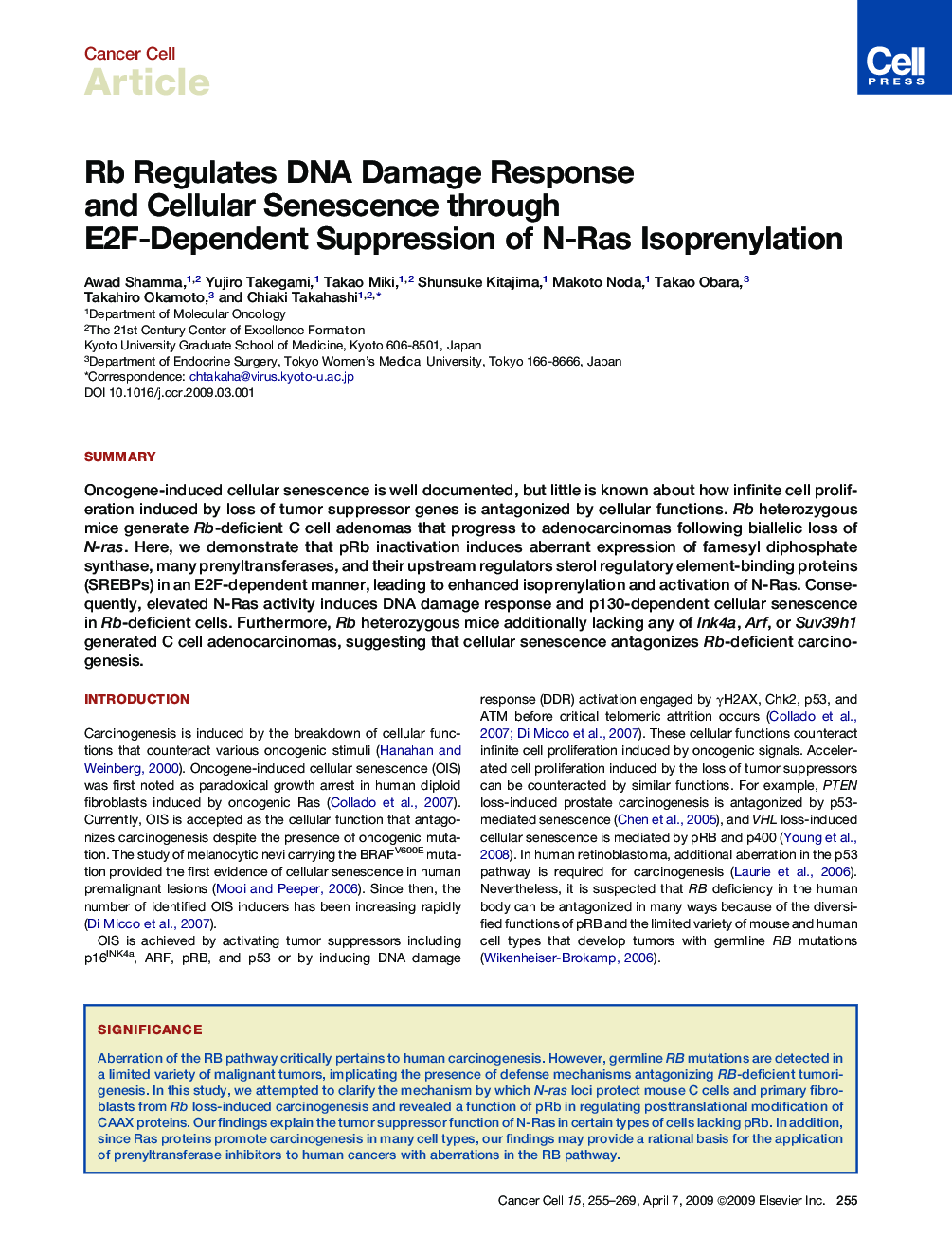 Rb Regulates DNA Damage Response and Cellular Senescence through E2F-Dependent Suppression of N-Ras Isoprenylation