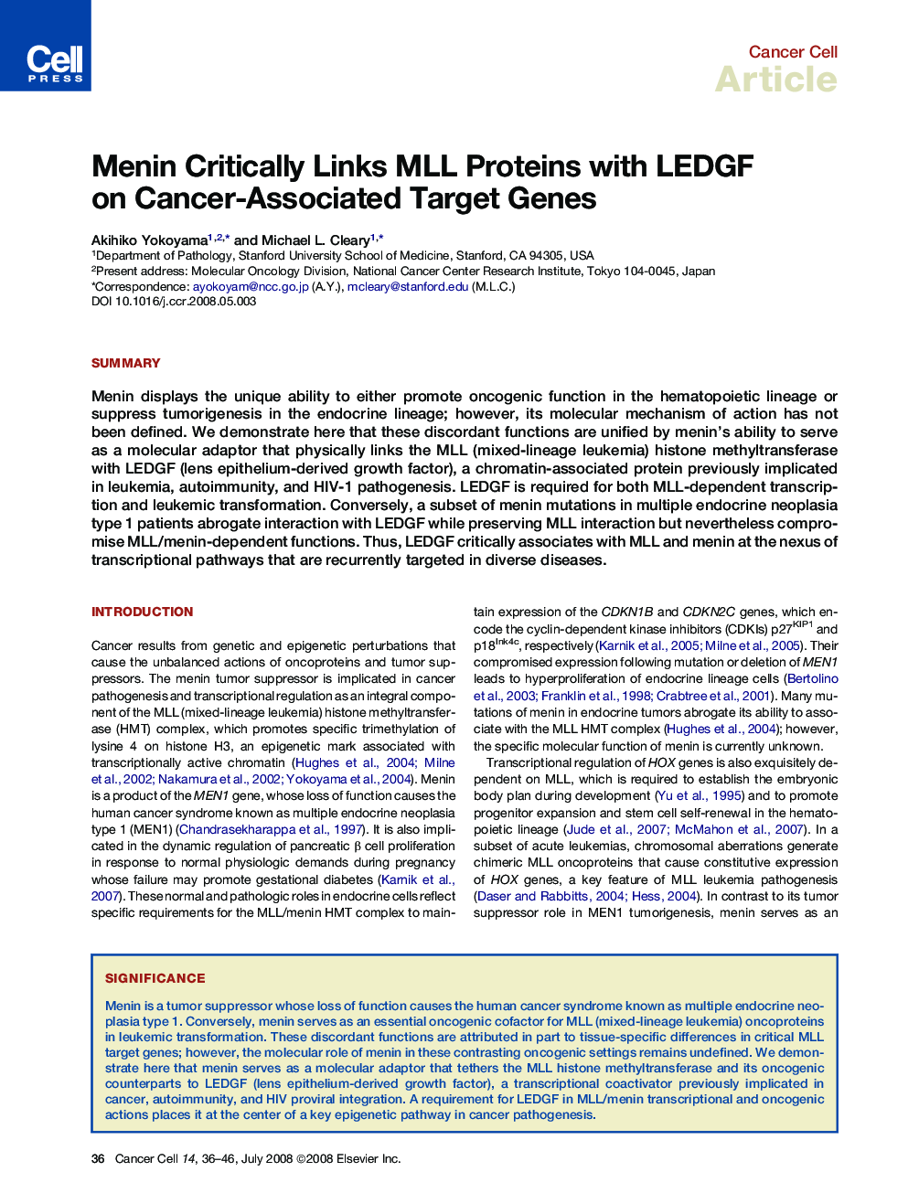 Menin Critically Links MLL Proteins with LEDGF on Cancer-Associated Target Genes