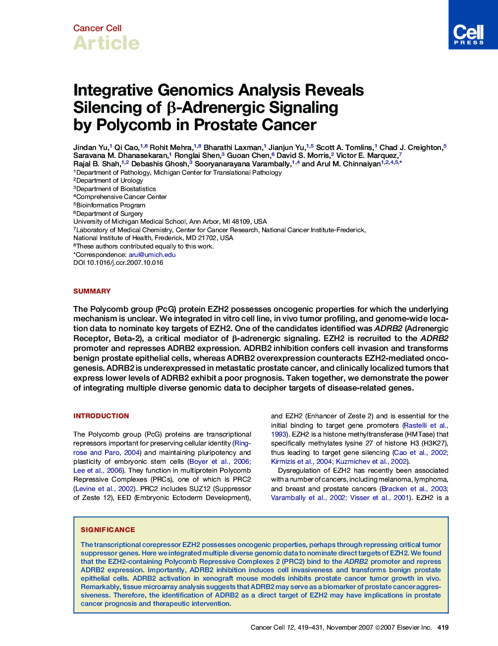 عکس صفحه اول مقاله: Integrative Genomics Analysis Reveals Silencing of β-Adrenergic Signaling by Polycomb in Prostate Cancer Integrative Genomics Analysis Reveals Silencing of β-Adrenergic Signaling by Polycomb in Prostate Cancer